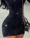 Glitter Rhinestone One shoulder Bodycon Dress Slim Fit Buckled Party Mini Dress