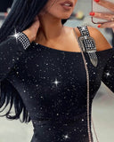 Glitter Rhinestone One shoulder Bodycon Dress Slim Fit Buckled Party Mini Dress