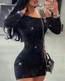 Glitter Rhinestone One shoulder Bodycon Dress Slim Fit Buckled Party Mini Dress