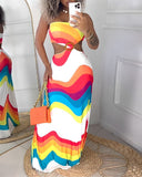 Rainbow Stripe Print Hollow Out Maxi Dress