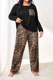 Black Leopard Patched Pocket Long Sleeve Top Plus Size Pants Set