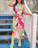 Tropical Print Frill Hem Fake Two Piece Dress