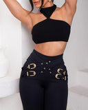 Criss Cross Buckled Decor High Waist Skinny Pants