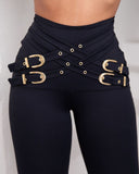 Criss Cross Buckled Decor High Waist Skinny Pants