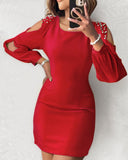 Cold Shoulder Beaded Hollow Out Long Sleeve Bodycon Dress Pullover Mini Dress