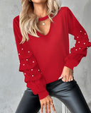 Keyhole Neck Long Sleeve Beaded Top