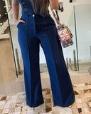 2 Piece V Neck Puff Sleeve Asymmetrical Buttoned Blouse Wide Leg Work Casual Pants Set