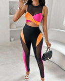 Colorblock Contrast Mesh Crop Top & High Waist Pants Set