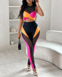 Colorblock Contrast Mesh Crop Top & High Waist Pants Set