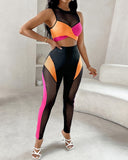 Colorblock Contrast Mesh Crop Top & High Waist Pants Set