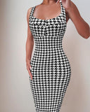 Houndstooth Print Low Neck Slim Fit Bodycon Dress