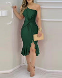 One Shoulder Ruffle Hem Asymmetrical Twist Slit Dress