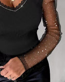 Rhinestone Glitter Lace Trim Sheer Mesh Patch Top