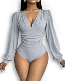 Deep V Neck Ruched Ribbed Bodysuit