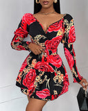 Floral Print Shirred Layered Dress