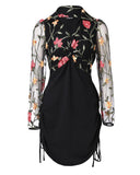 Floral Embroidery Mesh Splice Long Sleeve Side Drawstring Dress