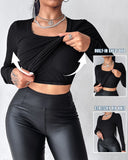 U Neck Built in Bra Long Sleeve Ribbed Top