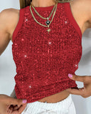 Allover Sequin O neck Sleeveless Tank Tops Slim Fitted Shirt