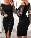 Floral Pattern Contrast Sequin Cold Shoulder Bodycon Dress Zip Up Sheer Mesh Patch Midi Dress