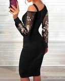 Floral Pattern Contrast Sequin Cold Shoulder Bodycon Dress Zip Up Sheer Mesh Patch Midi Dress