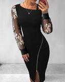 Floral Pattern Contrast Sequin Cold Shoulder Bodycon Dress Zip Up Sheer Mesh Patch Midi Dress