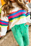 White Plus Size Colorful Striped Drop Shoulder Loose Sweatshirt