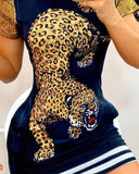 Contrast Paneled Short Sleeve Leopard Print Dress