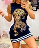 Contrast Paneled Short Sleeve Leopard Print Dress