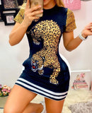 Contrast Paneled Short Sleeve Leopard Print Dress