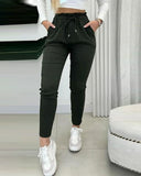 Drawstring Waist Button Decor Fleece Lined Skinny Pants