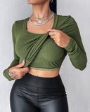 U Neck Built in Bra Long Sleeve Ribbed Top