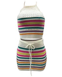 Rainbow Stripe Print Crochet Knit Halter Tank & Skirt Set