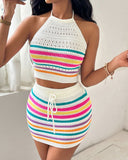 Rainbow Stripe Print Crochet Knit Halter Tank & Skirt Set