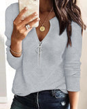 Textured Fabric Round Neck Long Sleeves Front Zipper Tee Casual Pullover