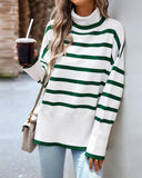 Striped High Neck Side Slit Knit Sweater