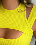 Fake Two Piece Cutout O neck Ribbed Tank Top