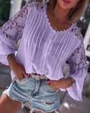 Contrast Lace V Neck Bell Sleeve Blouses Hollow out Button Ruched Shirts Top