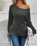 Skew Neck Long Sleeve Side Drawstring Top