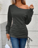 Skew Neck Long Sleeve Side Drawstring Top