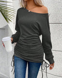 Skew Neck Long Sleeve Side Drawstring Top