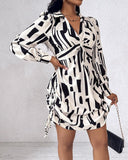 All Over Print Side Drawstring Twisted Shirt Dress