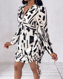 All Over Print Side Drawstring Twisted Shirt Dress