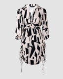 All Over Print Side Drawstring Twisted Shirt Dress