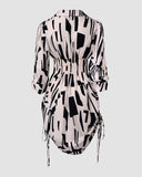 All Over Print Side Drawstring Twisted Shirt Dress