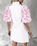 Colorblock Floral Pattern Puff Sleeve Casual Dress