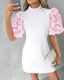 Colorblock Floral Pattern Puff Sleeve Casual Dress