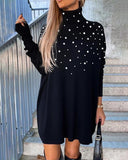 High Neck Pearls Decor Beaded Long Sleeve Dress