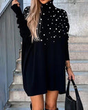 High Neck Pearls Decor Beaded Long Sleeve Dress