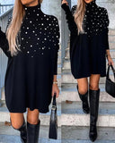 High Neck Pearls Decor Beaded Long Sleeve Dress