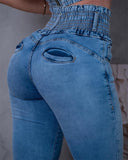 Stretchy Shirred High Waist Skinny Jeans